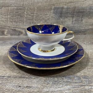 Gloria Fine Porcelain Teacup Saucer Plate Trio Set Cobalt Blue & Gold Vintage